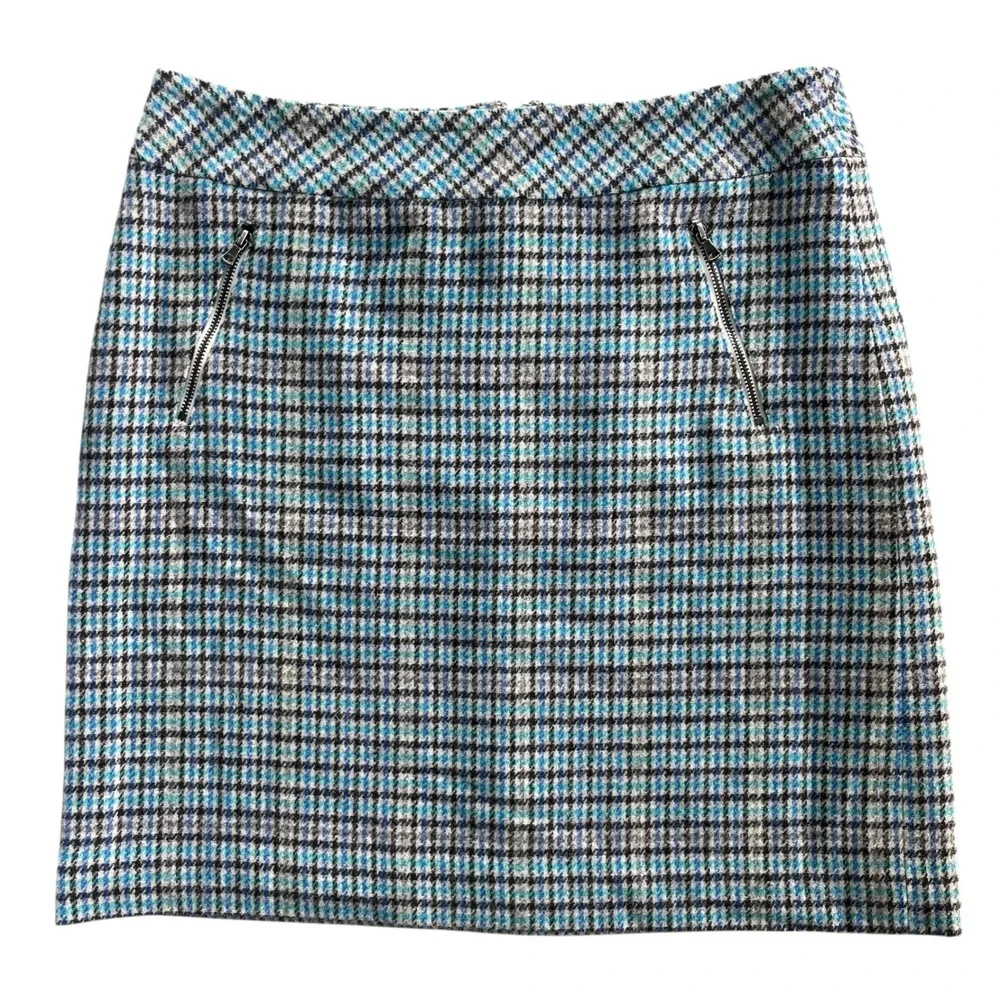 Talbots Petites Women's 8P Blue Teal Houndstooth Plaid Wool Bl Mini Skirt Preppy